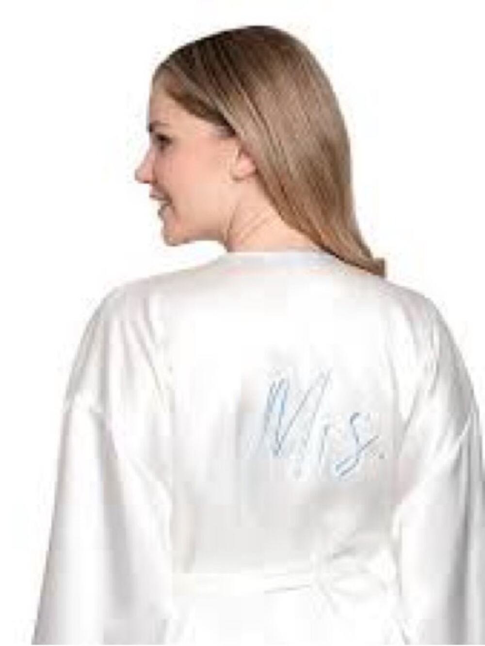 Linea Donatella Mrs Satin Bridal Robe Chemise Set Ivory Blue NWT Size L